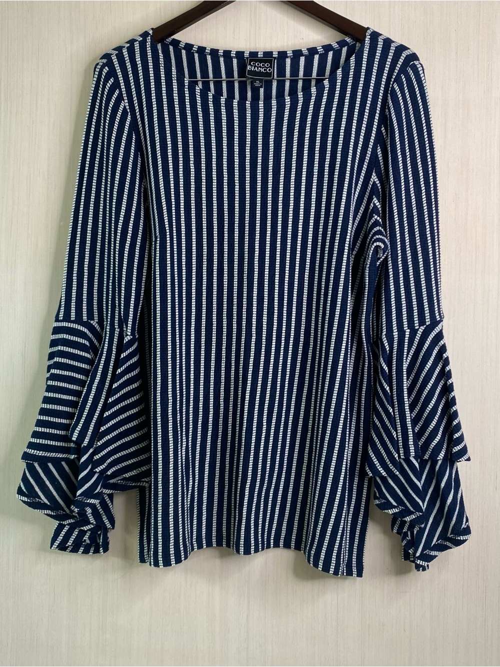 Coco Bianco Women’s Navy & White Striped Ruffle Bell Sleeve Blouse XL